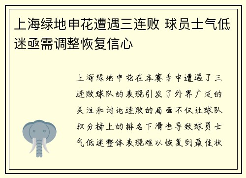 上海绿地申花遭遇三连败 球员士气低迷亟需调整恢复信心
